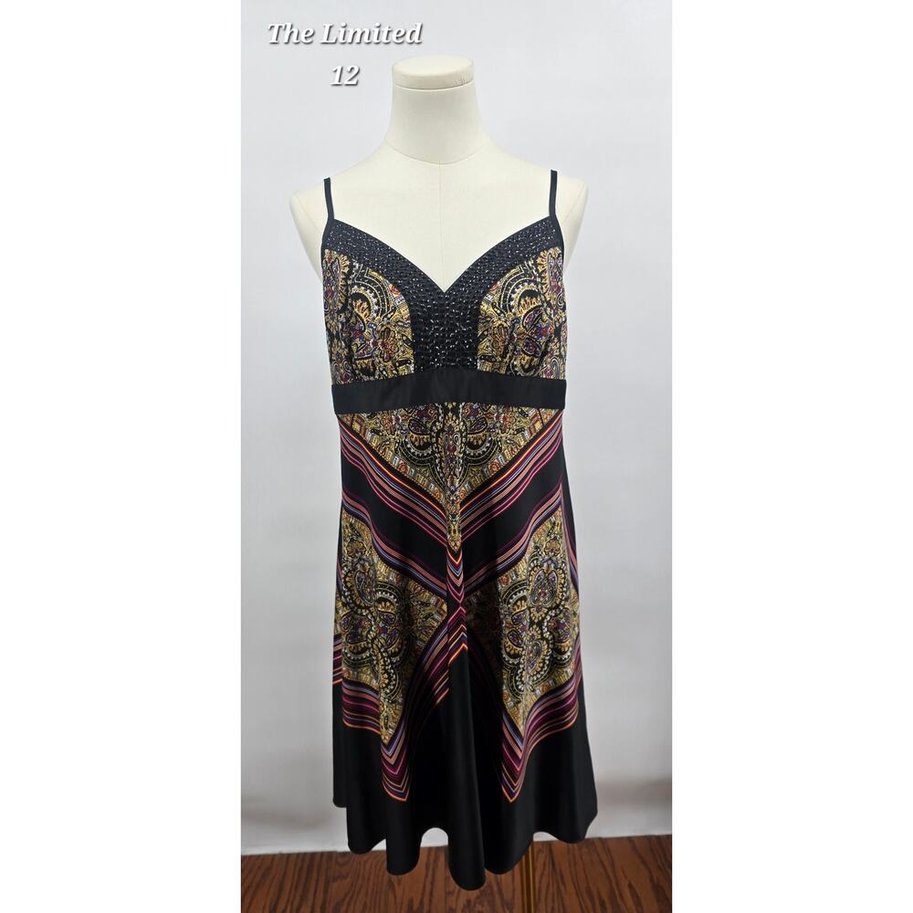 The Limited Paisley Print Empire Waist Dress Size 12 Black Smocked Sleeveless